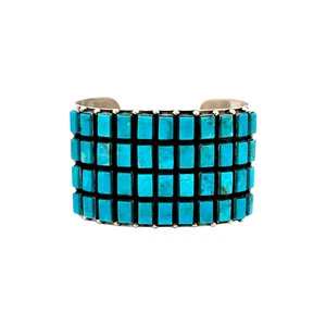 Herman Nez, Pulsera, Turquesa Kingman, Plata de Ley, Navajo Hecho a Mano, 8" - Imagen 1 de 4