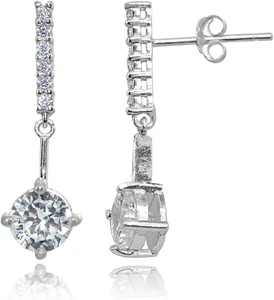 Sterling Silver Cubic Zirconia Round-Cut Encrusted Bar Statement Dangle Drop Ear - Picture 1 of 12