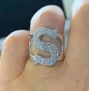 3Ct Round Cut Real Moissanite Custom Initial Ring 14K White Gold Plated Silver - Picture 1 of 7