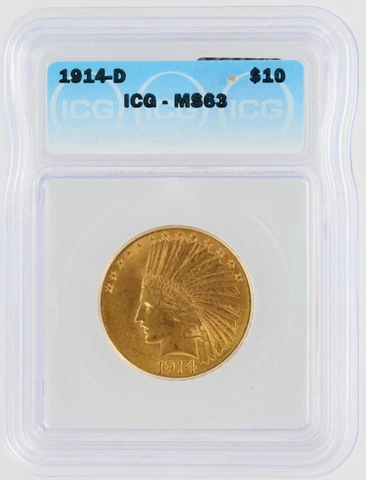 1914-D Gold Eagle ICG MS63 $10 Indian Head Denver Minted Gold Coin Cover