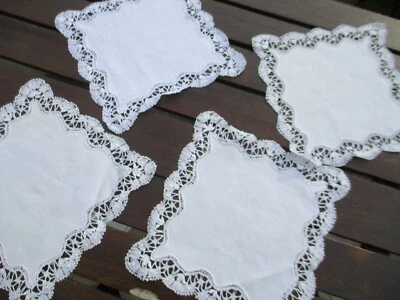 4 serviettes à thé (ou napperons) anciens 1900 fils de lin dentelle fuseaux main - Photo 1/4
