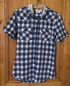 Men’s size M River Island Hooded blue Checked Shirt short sleeve removable hood - Picture 1 of 9