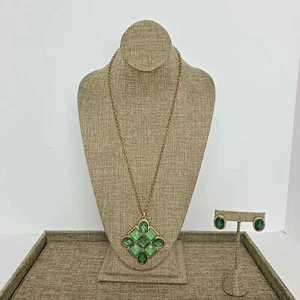 Fashion Costume Women's Long Green Resin Gold Tone Chain Necklace & Earrings Set - Picture 1 of 4
