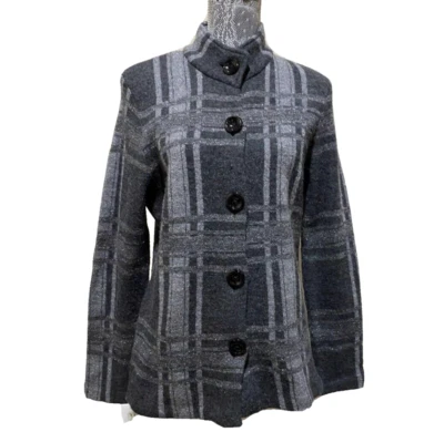 Jones New York Jacket Plaid Wool Pea Coat Womens 10 Gray Silver Button Mock Neck - Image 1 of 4