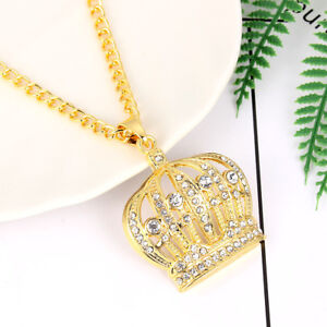 1Pcs Hip Hop Men Silver/Gold Plated Crystal Crown Pendant Chain Necklace Jewelry