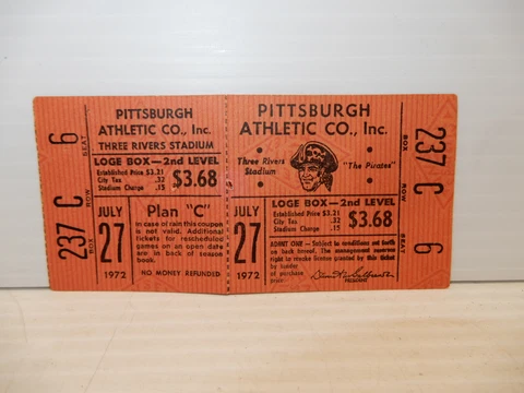 VINTAGE 1972 PITTSBURGH ATHLETIC CO. PIRATES BASEBALL TICKET Cover