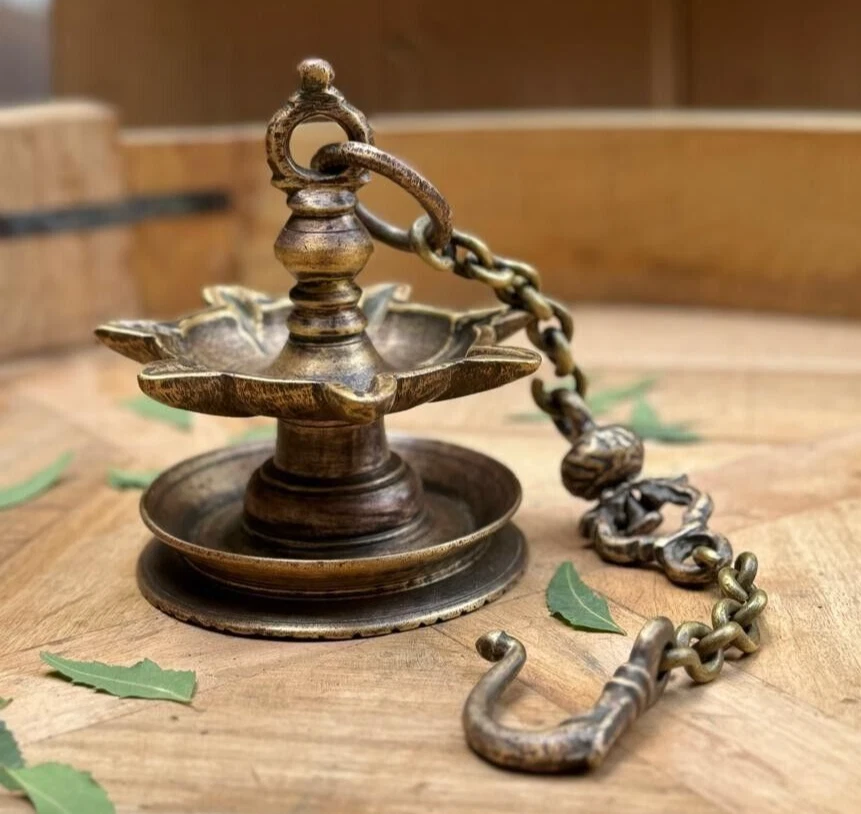 Antique Brass Hanging Diya Oil Light Lamp with Chain Original Old Fine Engraved - Image 1 of 4