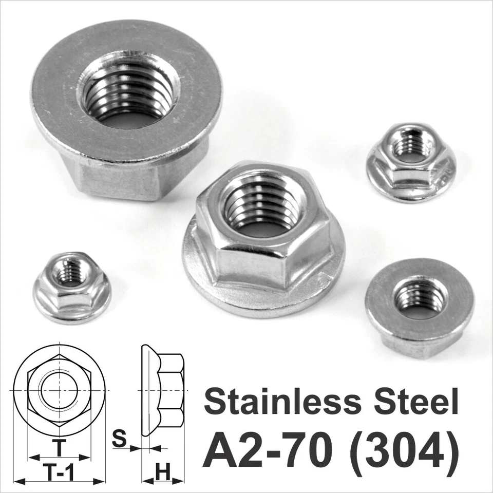 A2 Edelstahl Flansch Sechskantmuttern metrisch Sechskant M4,5,6,8,10,12 mm DIN 6923 - Bild 1 von 1