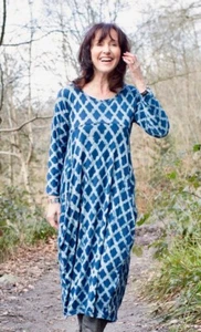 NILA RUBlA Dress M Blue Roshan Cotton Bubble Hand Block Print Long Sleeve - Picture 1 of 13