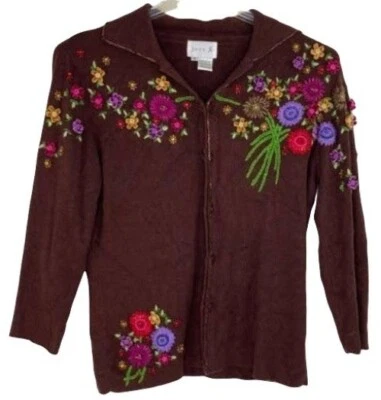 Suéter Vintage Just B Mujer M Marrón Botón Frontal Floral Bordado Cuello Foto 1 de 4