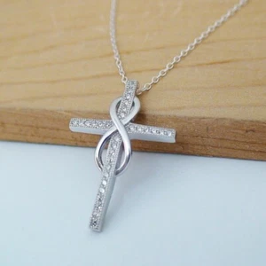 2CT Round Cut White Lab-Created Diamond Cross Chain Pendant14K White Gold Plated - Picture 1 of 8