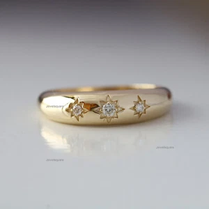 0.08ct Natural Diamond Starburst Dome Band Pinky Finger Ring 14k Yellow Gold - Picture 1 of 11