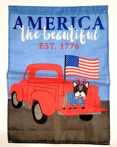 AMERICA the BEAUTIFUL Red Truck BULL DOG with Hot Dog Small Home Garden Flag - Picture 1 of 13