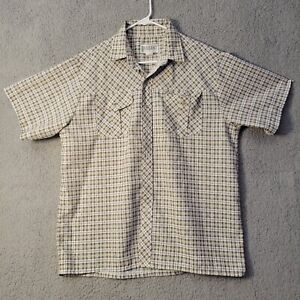 Haband Men's Short Sleeve Plaid Checked Brown White Shirt Casual Size Large