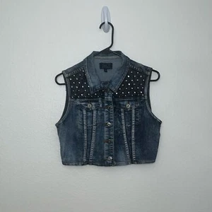 Chiqle Denim Architect Studded Jeweled Button Up Cropped Vest Sz Large - Picture 1 of 9