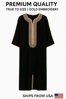 Caftano Thobe Uomo Nero Stile Marocchino - Ricamo Oro Abaya Jubba | Islamico - Immagine 1 di 4