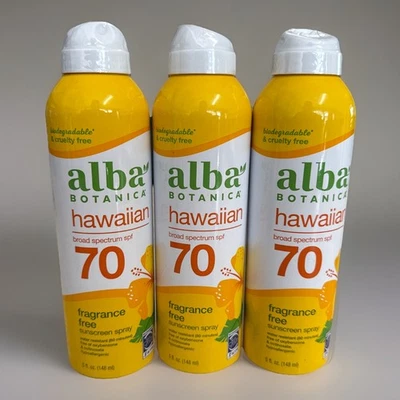 Spray protector solar hawaiano Alba Botanica sin perfume FPS 70 paquete de 3 caducidad 12/25 5 oz Ea Foto 1 de 2