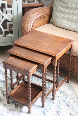Set of 3 Antique 1890s Jacobean English Barley Twist Nesting Tables Petite Size - Image 1 of 4