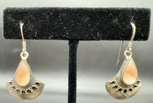 Vintage 925 Sterling Silver Art-Nouveau Dangle Earrings w/ Pink Teardrop Inlay - Picture 1 of 16