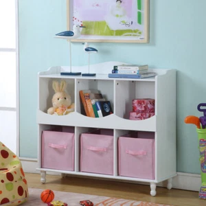 Kings Brand Furniture - 6 Cubby Toy Storage Cabinet with 3 Pink Bins, White - Picture 1 of 7