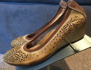Pikolinos Trento Tan & Brown Leather Perforated Wedge Heels Shoes Size 40 or 9.5 - Picture 1 of 12