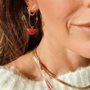 Ruby Dangle Earrings Non-tarnish Gold Hoops Beautiful gemstone simulated ruby - Picture 1 of 5