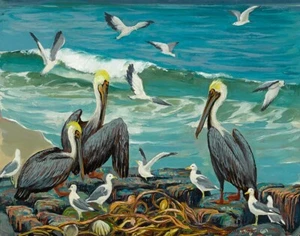 Impresión en lienzo Jessie Arms Botke pelícanos y gaviotas a lo largo de una costa 16 x 20 - Imagen 1 de 5