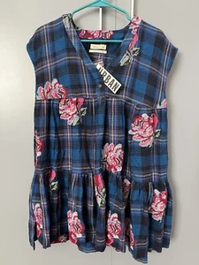 Urban Outfitters Blue Plaid Tunic Dress Embroidered Babydoll Boho Women’s SMALL - Picture 1 of 8