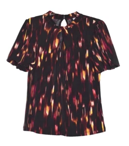 DKNY Top donna finto collo manica a sbuffo nero stampa attorcigliato foro chiave davanti PICCOLO - Foto 1 di 2