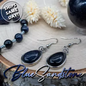 Blue Goldstone Crystal Sandstone Teardrop Earrings Silver Womens Jewelry Blue - Picture 1 of 9