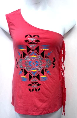 Suéter Bongo Mujer Talla L Un Hombro Azteca Flecos Top Rosa Gráficos Brillo Foto 1 de 4
