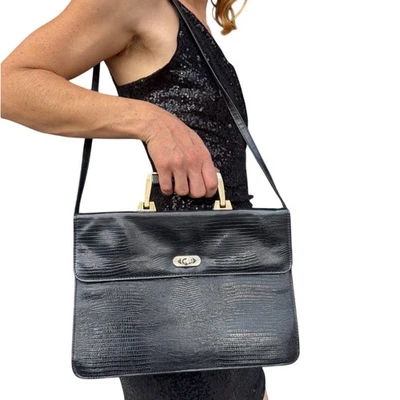 🖤 Bolso vintage de cuero con asa superior de lagarto italiano de los años 60 - negro y dorado Foto 1 de 4