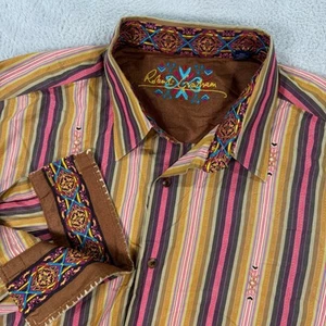 Robert Graham Button Down Shirt Striped Aztec Embroidered Long Sleeve Mens 2XL - Picture 1 of 9