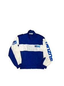 Vintage Suzuki Jacket Team Racing Windbreaker Zip Pockets Motorsports Blue White - Picture 1 of 9
