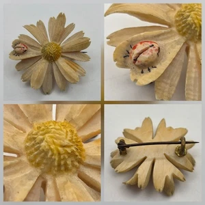 Vintage Carved Bovine Bone Brooch Daisy w/ Ladybug 1.25" Flower Insect - Picture 1 of 12