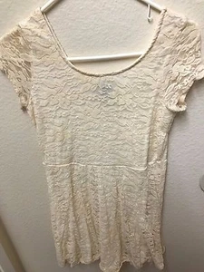 Casual Formal Cream Floral Lace Short Sleeve Babydoll Mini Flowy Dress M - Picture 1 of 6