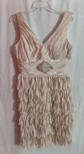JS COLLECTIONS Champagne Rhinestone Fringe Cocktail Dress Size 10 Silky D2 - Picture 1 of 8
