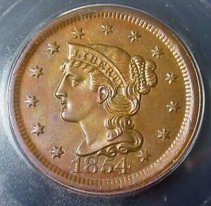 1854 Braided Hair Large Cent. ICG MS64 BN.