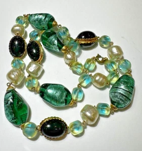 Vintage Italian Murano Green Foiled Art Rivoli Glass F Pearl Bead Necklace DE8 - Picture 1 of 5