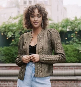 New Express Gold Foil Metallic Puff Shoulder Knit Cardigan Sweater Top Small - Picture 1 of 5