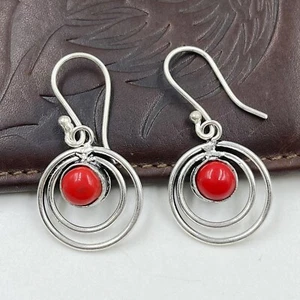 925 Sterling Silver Natural Red coral Gemstone Jewelry Dangle/Drop Earring - Picture 1 of 4