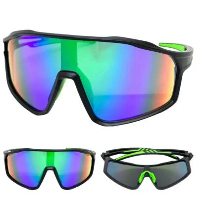 OVERSIZED WRAP AROUND Biker Cycling Shield SUNGLASSES Big Black Frame Green Lens - Image 1 of 4