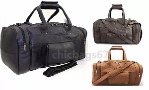 LADIES MENS LEATHER HOLDALL GYM TRAVEL DUFFLE SPORTS CABIN COWHIDE LEATHER BAG  - Picture 1 of 22