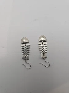 Mexico Fish Skeleton Bone Sterling 925 Silver Dangle Pierced Earrings 2" Long - Picture 1 of 2