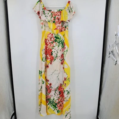 New York & Company Yellow Floral Print Women's Maxi Off The Shoulder Dress Large - Image 1 of 4
