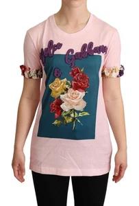 Dolce&Gabbana Women Pink T-Shirt Cotton Silk Floral Print Slim Fit Casual Top - Picture 1 of 4