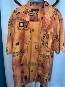 Baracuta Herren Seide Kurzarm Hemd Gr. Lg Orange Schwarz Geometrisch - Bild 1 von 4