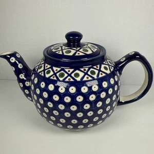 Boleslawiec Polish Pottery Blue & White Dots Teapot - Picture 1 of 5