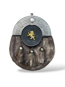 Gold Lion Rampant Badge Kilt Sporran 3 Tassels Antique Sporran With Chain Strap - Picture 1 of 4