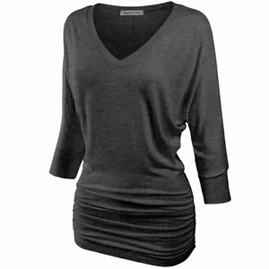 Women's V-Neck 3/4 Sleeve Draped Dolman Top with Side Shirring Premium - Picture 1 of 119